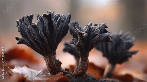 Intricate Dark Dried Mushrooms Growing on a Forest Floor Surrounded by Autumn Leaves