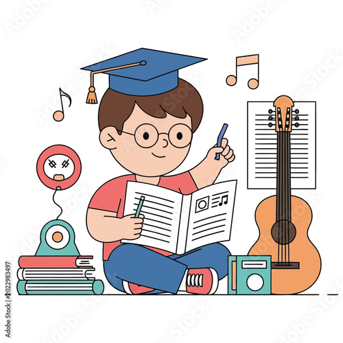 Cute little boy student character studying music, elementary school child with graduation hat and musical instruments.