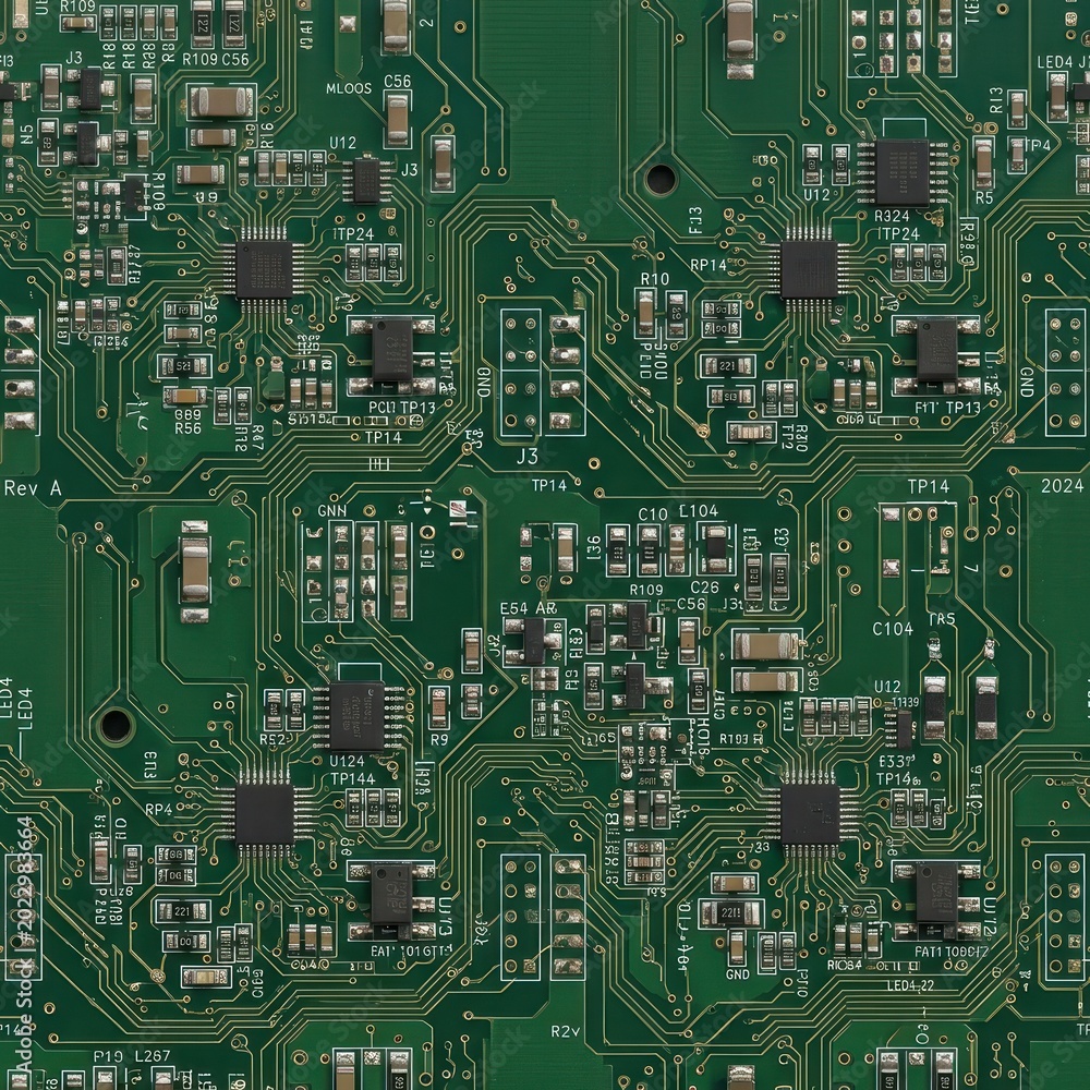 Fototapeta premium Detailed Close-Up of a Green Circuit Board with Electronic Components.