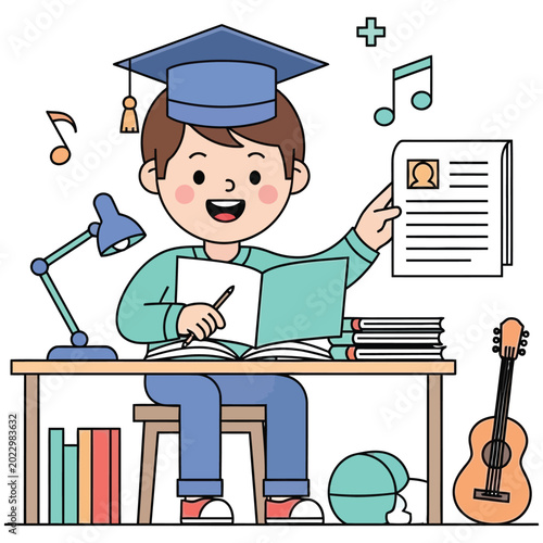 Cute little boy student character studying music, elementary school child with graduation hat and musical instruments.