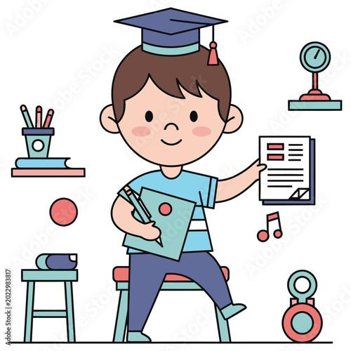 Happy boy with graduation cap holding book and pencil surrounded by school supplies and awards.