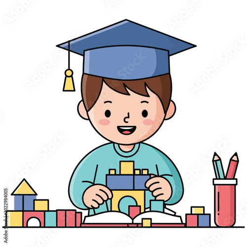 Cheerful boy in graduation cap building with blocks on open book illustration.