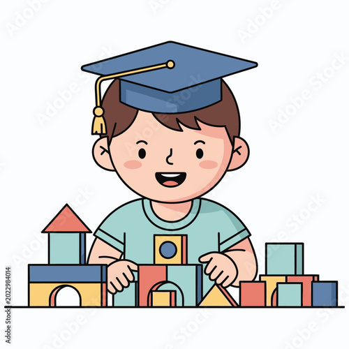 Little boy wearing graduation cap playing with colorful wooden building blocks education concept illustration.