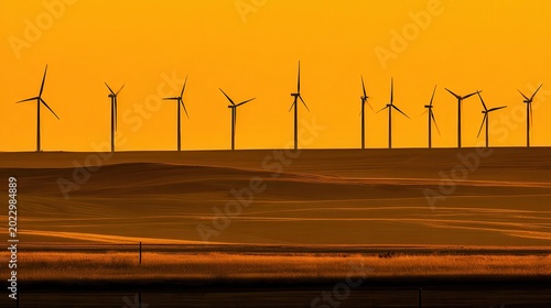 Wind Turbines Silhouetted Against a Vibrant Sunset Horizon