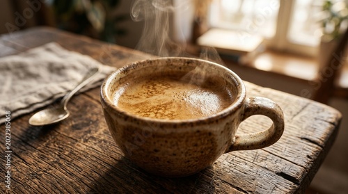 Foto Steaming hot espresso in a ceramic cup on an aged wooden table