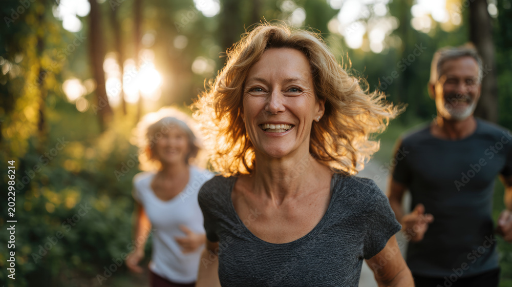 Fototapeta premium A relaxing woman jogging outdoor with friends in a forest trail, smiling and a healthy lifestyle. Concept of fitness and wellness.