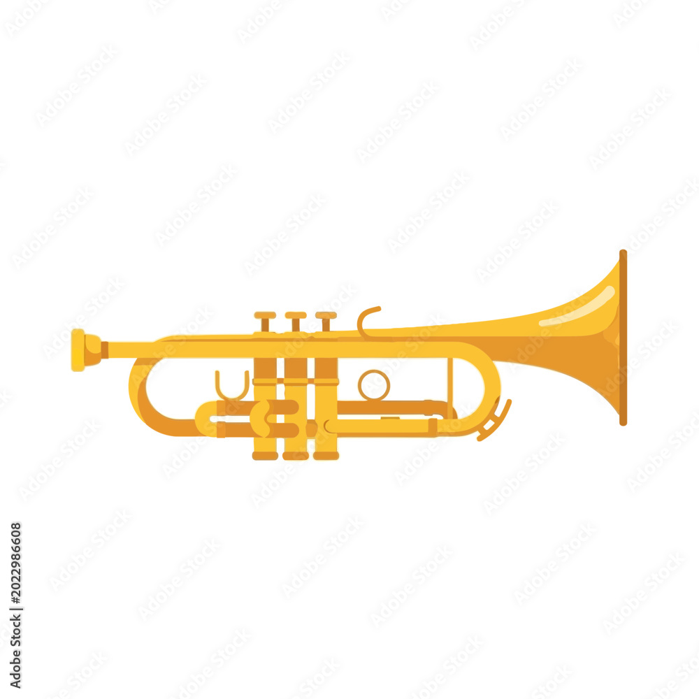 Fototapeta premium A golden trumpet with three valves and a flared bell is depicted in a side profile.