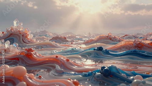 Abstract 3D Fluid Landscape with Crystals and Cinematic Lighting