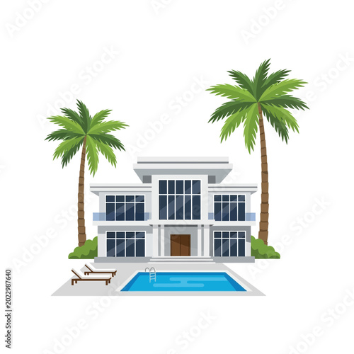 A modern, multi-story house with a swimming pool and palm trees, suggesting a luxurious vacation home.