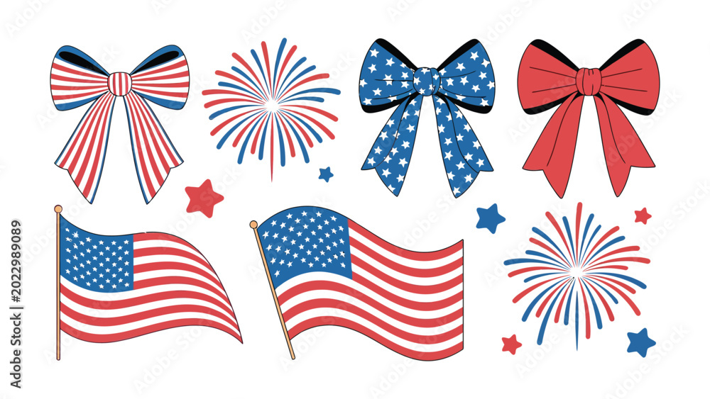 Fototapeta premium Patriotic American themed bows flags fireworks and stars illustration collection