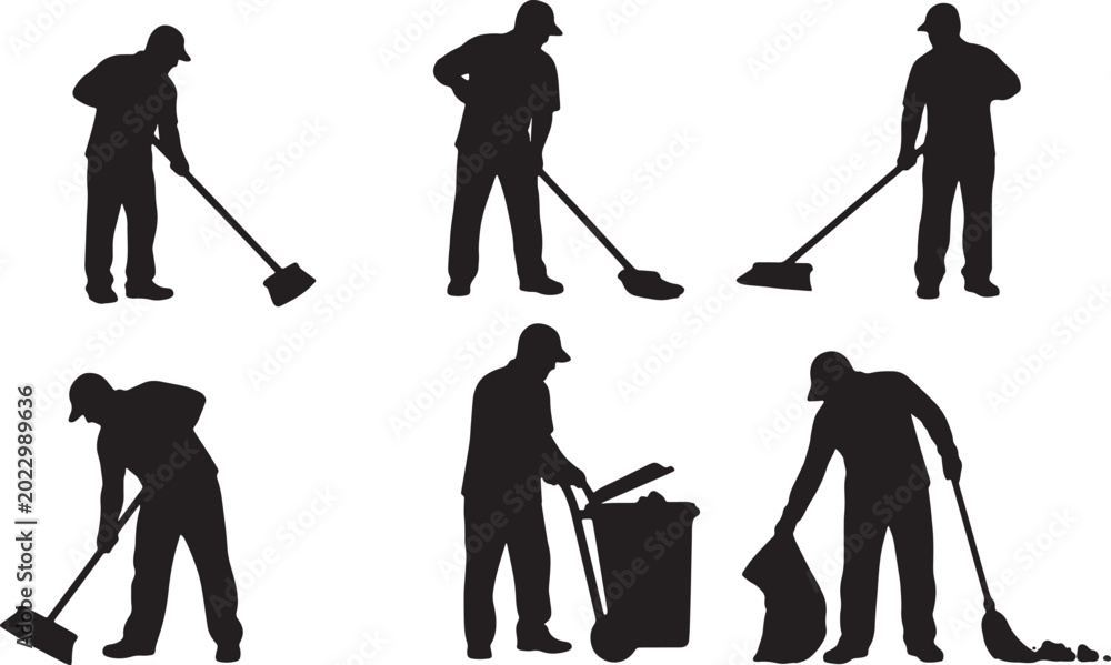 Naklejka premium Black Solid Outdoor Street Sweeper Silhouettes Set of Six on White Background