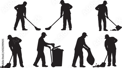 Konstfotografi Black Solid Outdoor Street Sweeper Silhouettes Set of Six on White Background