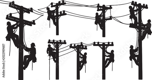 Bild auf Leinwand Black Solid Outdoor Utility Pole Lineman Silhouettes Set of Six on White Backgro