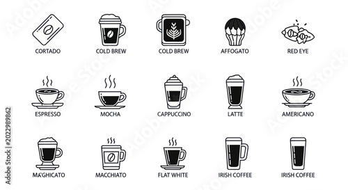 Schilderij op canvas Coffee Drinks Icons Set: Espresso, Latte, Cappuccino, Cold Brew, Affogato