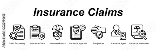 Fotografía Insurance Claims web banner icon concept for with icon of Claim Processing, Insurance Claim, Insurance Payout, Insurance Approval, Policyholder, Insurance Agent, Insurance Verificatio