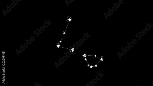 Hand drawn constellation animation with glowing stars on alpha channel transparent background