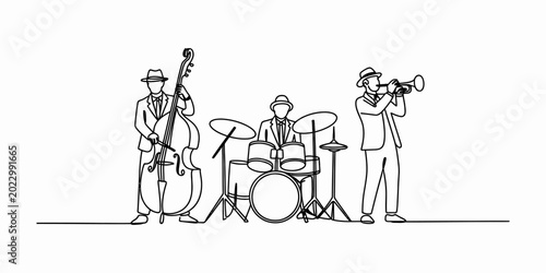 Quadro su tela Continuous single line drawing of a jazz band trio playing double bass drums and