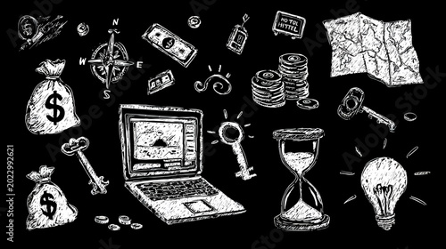 Hand drawn business and travel sketches on black.