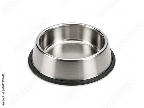 Stainless steel pet empty food bowl isolated on white background.