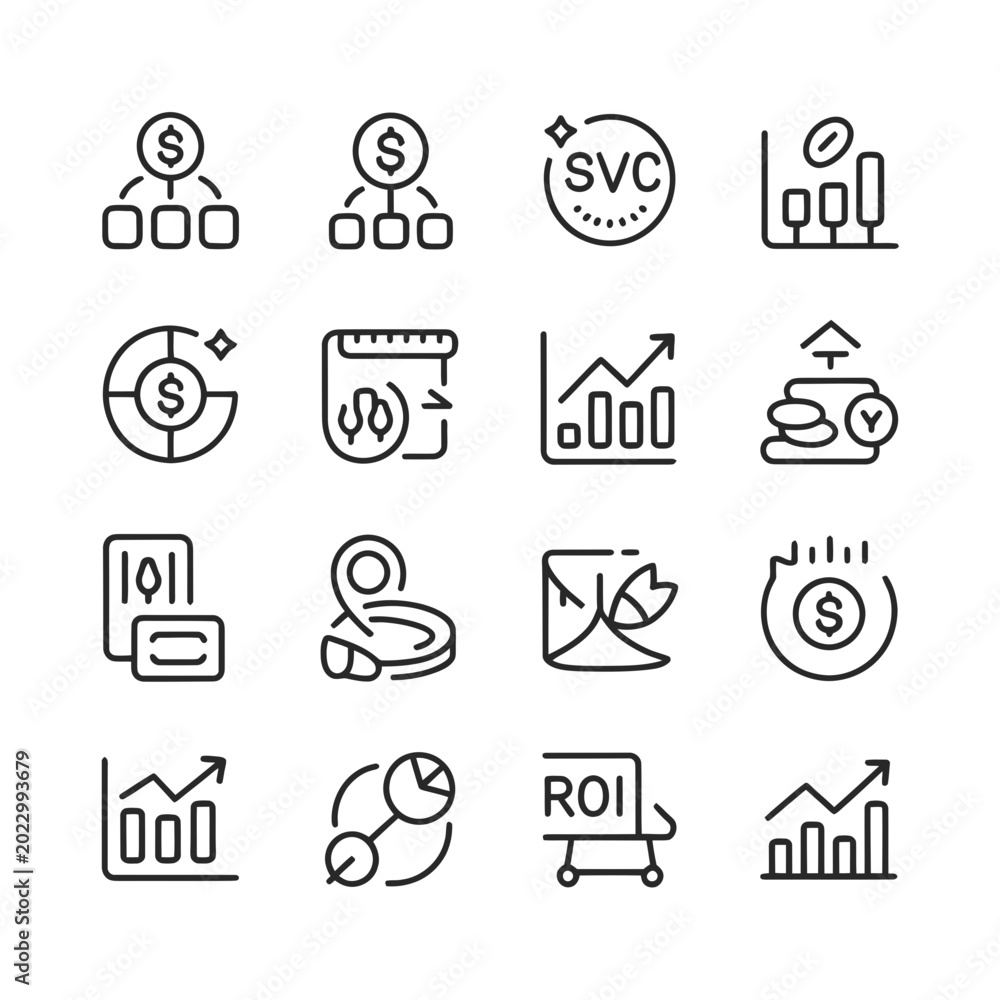Fototapeta premium Collection of financial and business icons in a modern clean line art style representing concepts like investment growth budget management roi and financial strategy perfect