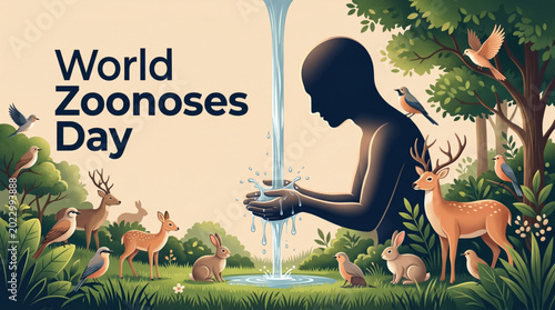 World Zoonoses Day wildlife awareness illustration with nature health protection theme for branding marketing content
