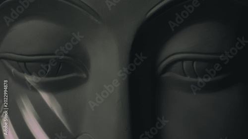 The nose and eyes of a Buddha statue in motion, with reflections of light in the darkness