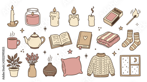 Konstfotografi Cozy self-care and relaxation concept with various comforting items for a peaceful night in including books candles and warm clothing for a calming atmosphere