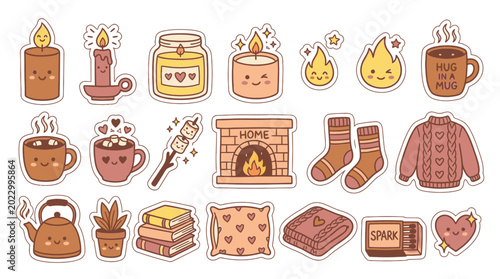 Tableau sur toile Cozy winter icons set including candle marshmallow fireplace hot chocolate socks books and heart representing warm and fuzzy feelings during cold season with various comforting elements