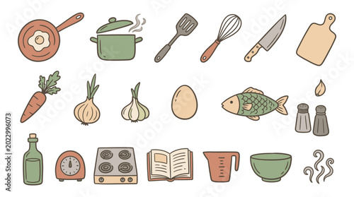Fotografía Colorful kitchen utensils cookware and ingredients for cooking and recipe preparation in a visually appealing arrangement for culinary enthusiasts and home cooks