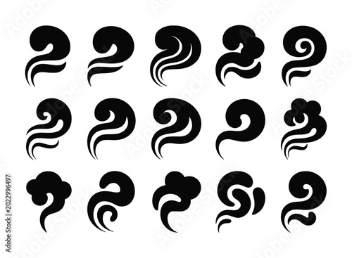 Foto Collection of stylized black smoke or steam wisps and swirls
