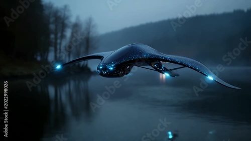 Futuristic drone gliding over serene lake at dusk