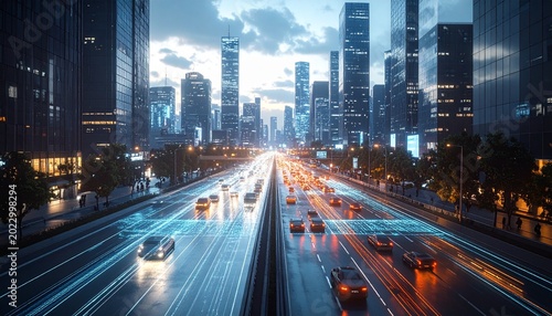 Futuristic Cityscape with Autonomous Vehicles and Advanced Technology.
