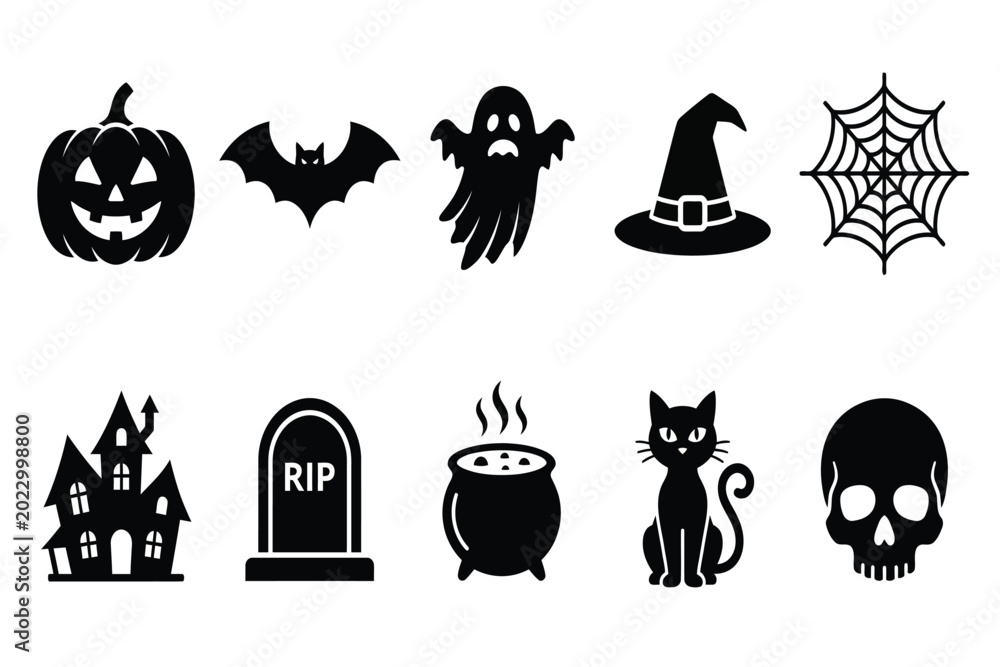 Obraz premium halloween icons set with pumpkin bat ghost witch cauldron cat and haunted house flat design vector illustration