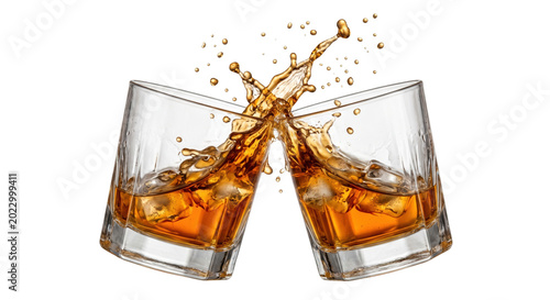 Foto Two whiskey glasses clinking with dynamic amber liquid splash