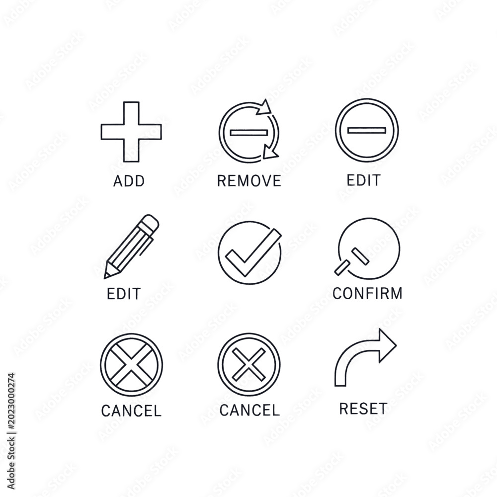 Fototapeta premium Set of nine simple line icons representing common actions like add, remove, edit, confirm, and cancel.