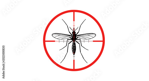 A detailed black and white mosquito captured within a vivid red target scope, symbolizing focused pest control, insect eradication, and disease prevention strategies