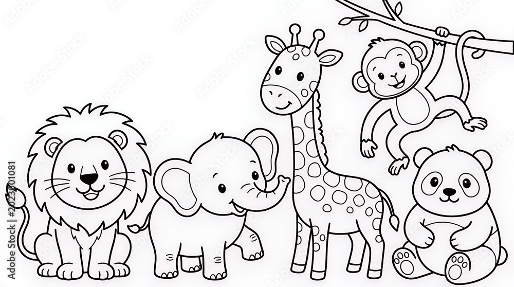 Obraz premium A delightful cartoon coloring page featuring a collection of friendly jungle animals including a lion elephant giraffe monkey and panda all in a simple outline style perfect for childrens activities