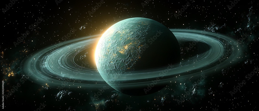 Fototapeta premium Cosmic celestial body with rings in dark space conceptual illustration