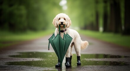 A dog in rain boots holding an umbrella on a rainy day