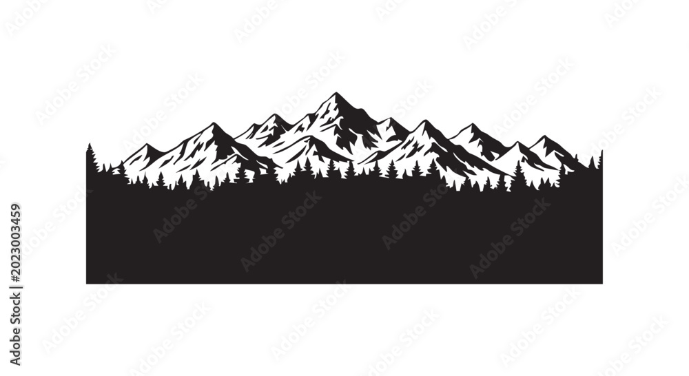 Fototapeta premium Majestic mountain range silhouette with evergreen pine forest landscape for outdoor adventure and nature travel design.
