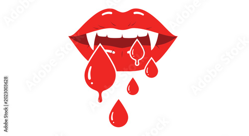 Billede på lærred Red Lips Vampire Fangs Dripping Blood Drops Halloween Horror