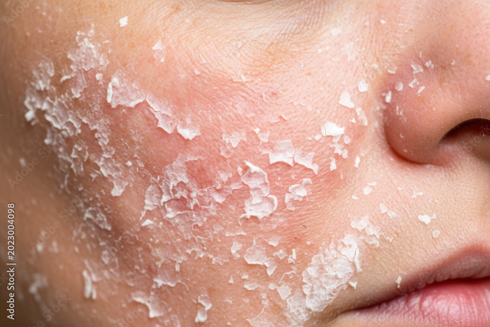 Fototapeta premium Close-up of a person's face showing extensive skin peeling and flaking on the cheek, with visible redness and dryness.