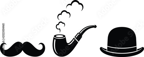 Foto Vintage Gentleman Accessories Set Featuring Black Mustache Smoking Pipe with Smo