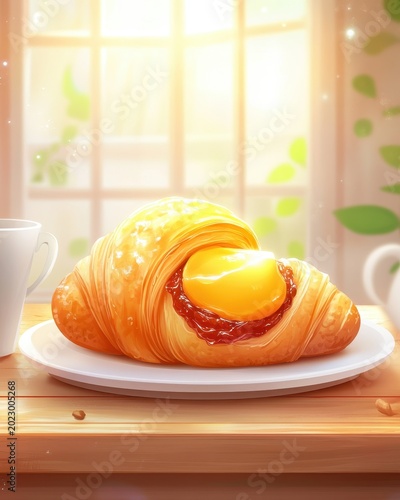 Croissant with jam and egg filling on a bright breakfast table