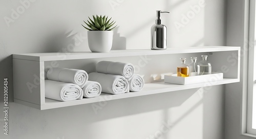 Modern White Floating Shelf With Rolled Towels And Bathroom Accessories Creating Spa Inspired Interior Design Inspiration For Luxury Bathrooms.