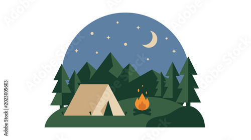 Serene nighttime camping scene with tent and campfire under starry sky and crescent moon in forest peaceful outdoor adventure concept