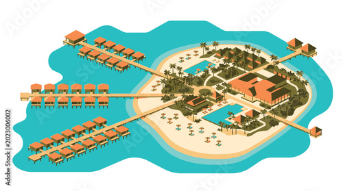 Tableau sur toile Luxury tropical island resort with private villas and crystal-clear waters aeria