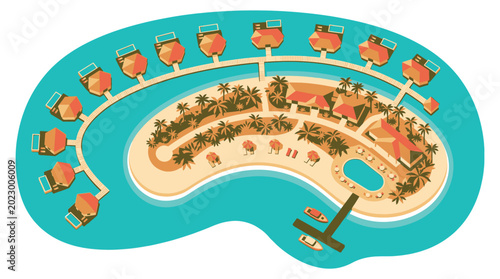 Fotografie Tropical island resort with beach huts and palm trees aerial view of luxury vaca