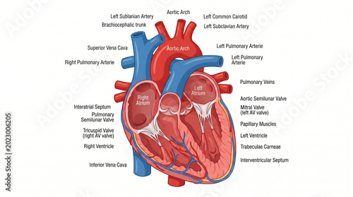 Obraz na plátně Cross Section Diagram of Human Heart Anatomy with Labels