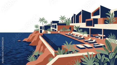 Schilderij op canvas Luxury tropical resort perched on a cliffside overlooking serene ocean waters with modern architecture and lush greenery ideal for vacation and relaxation